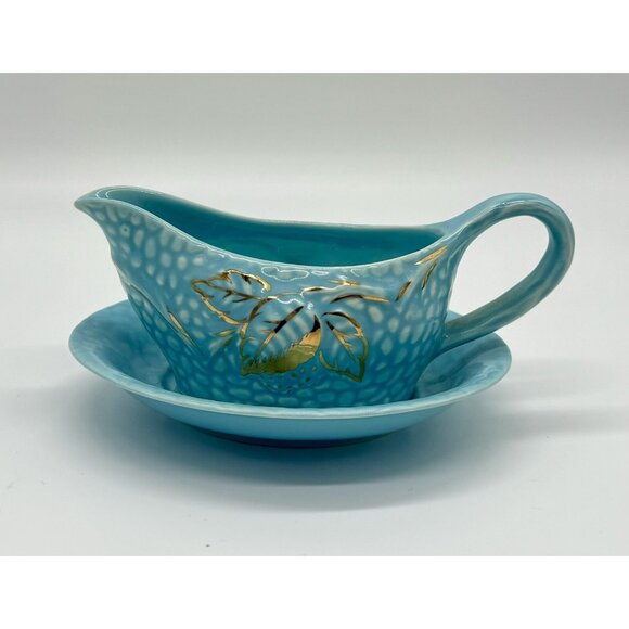Wade Golden Turquoise Small Gravy Boat Sauce Pitcher w Under Plate Gold Teal A - Picture 1 of 10